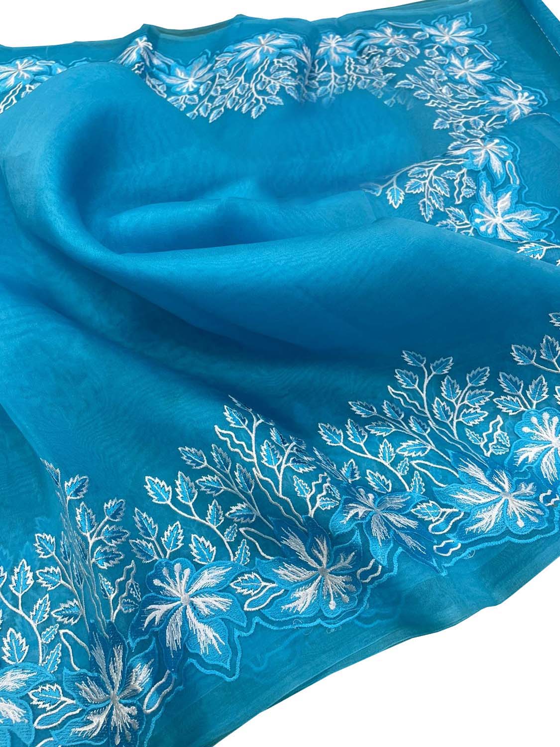 Blue Chikankari Embroidered Organza Saree - Luxurion World