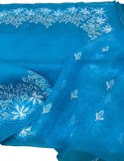 Blue Chikankari Embroidered Organza Saree - Luxurion World