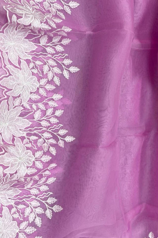 Pink Chikankari Embroidered Organza Saree - Luxurion World