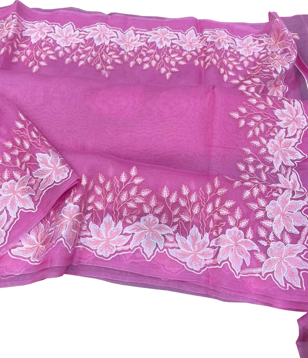 Pink Chikankari Embroidered Organza Saree - Luxurion World