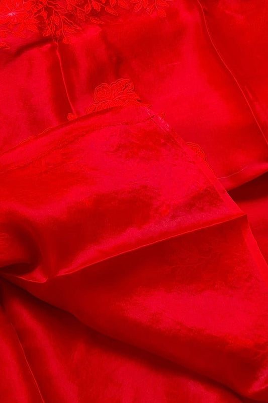 Red Chikankari Embroidered Organza Saree - Luxurion World