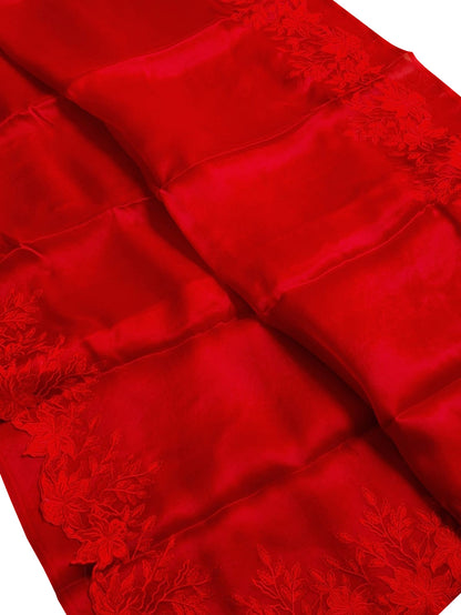 Red Chikankari Embroidered Organza Saree - Luxurion World