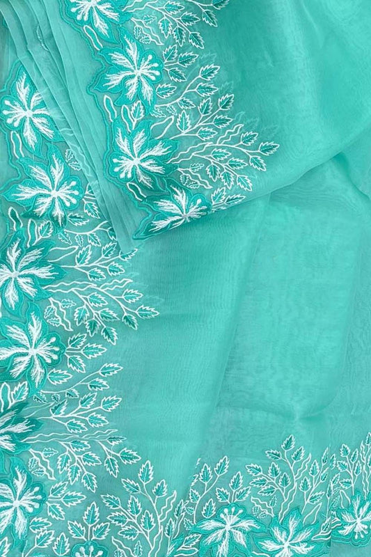 Blue Chikankari Embroidered Organza Saree - Luxurion World