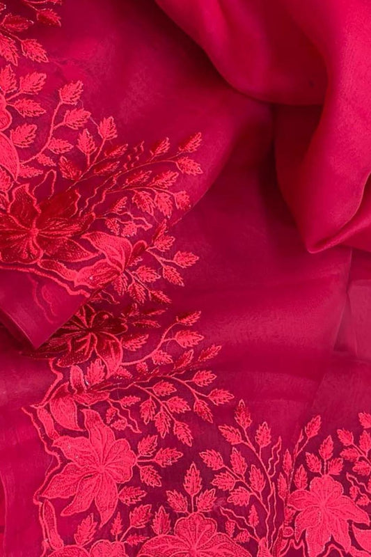 Pink Chikankari Embroidered Organza Saree - Luxurion World