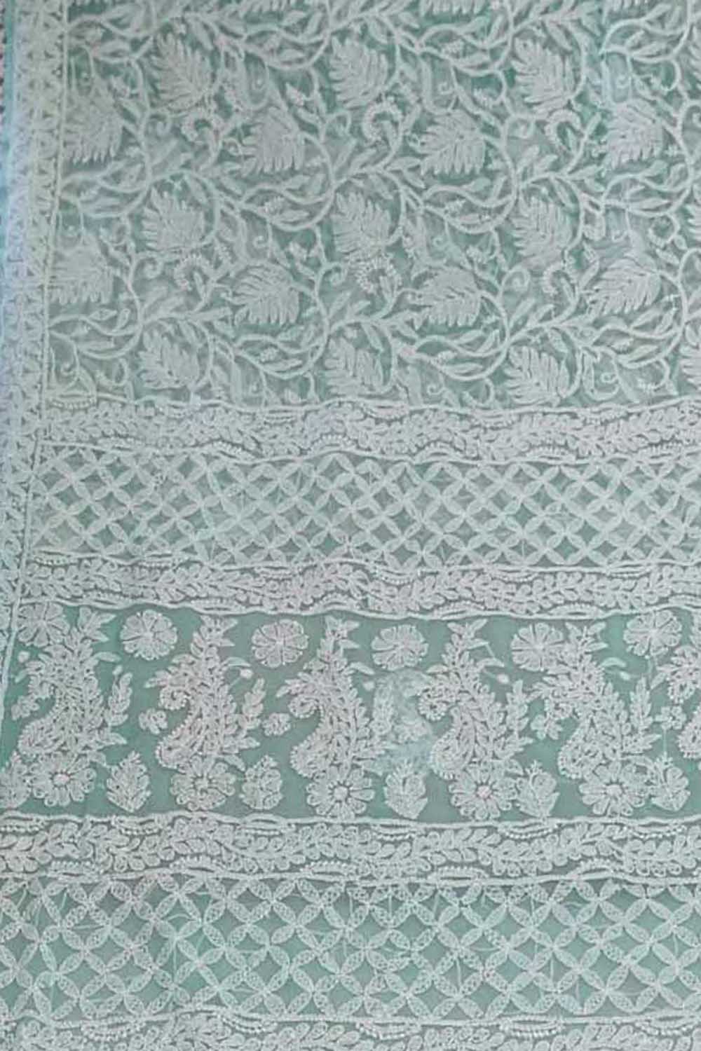 Get the Latest Green Chikankari Saree Online - Hand Embroidered Georgette - Luxurion World