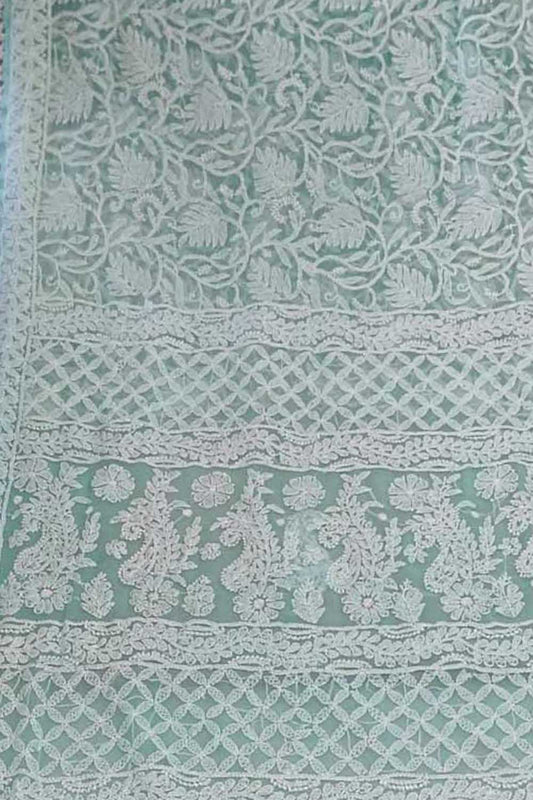 Get the Latest Green Chikankari Saree Online - Hand Embroidered Georgette - Luxurion World