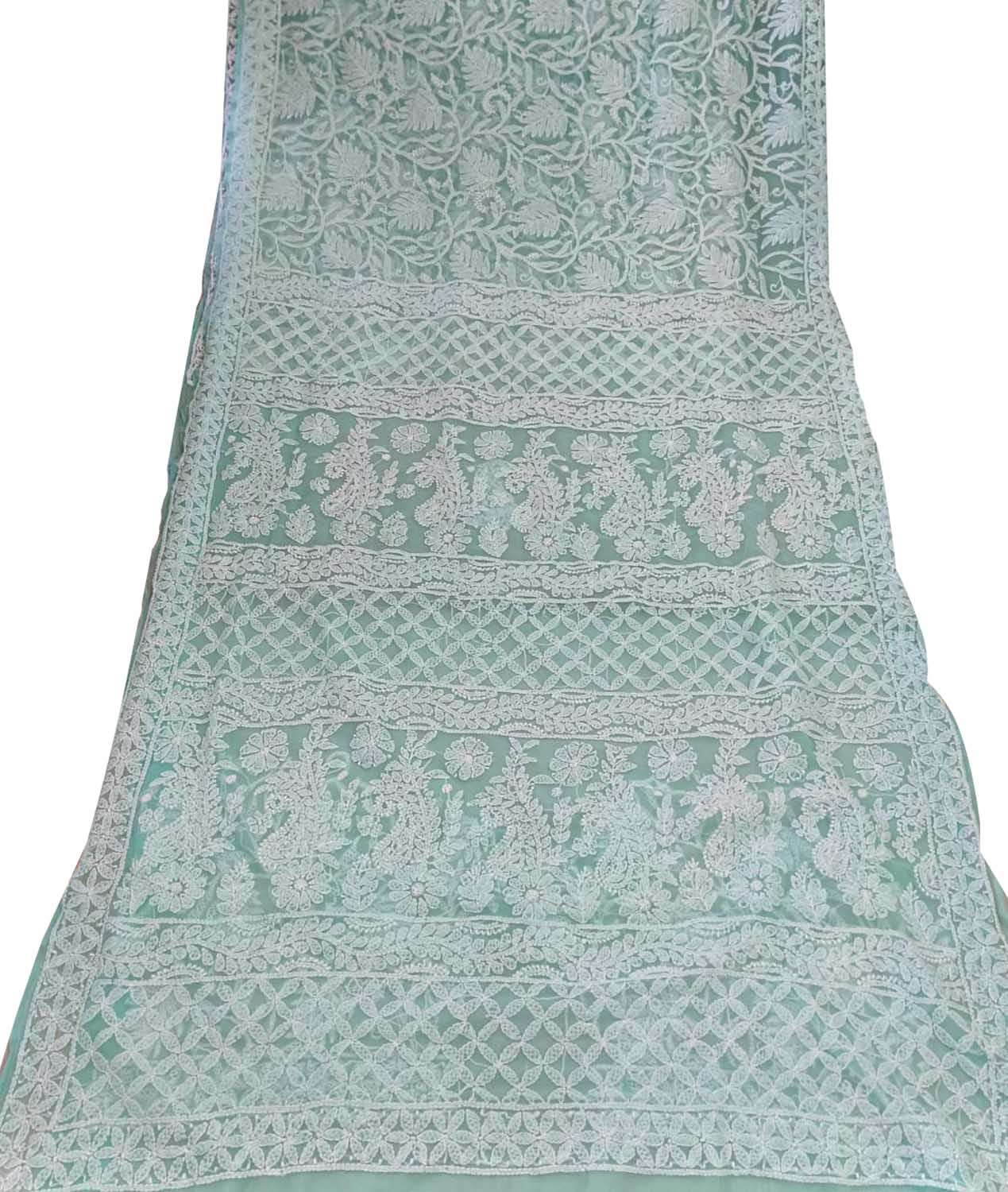 Get the Latest Green Chikankari Saree Online - Hand Embroidered Georgette - Luxurion World