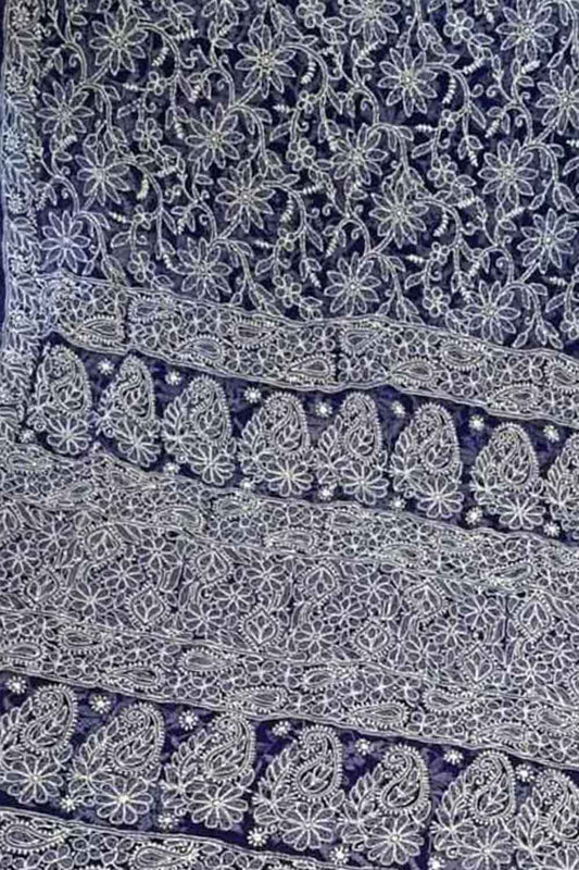 Get the Latest Blue Chikankari Saree Online - Hand Embroidered Georgette - Luxurion World