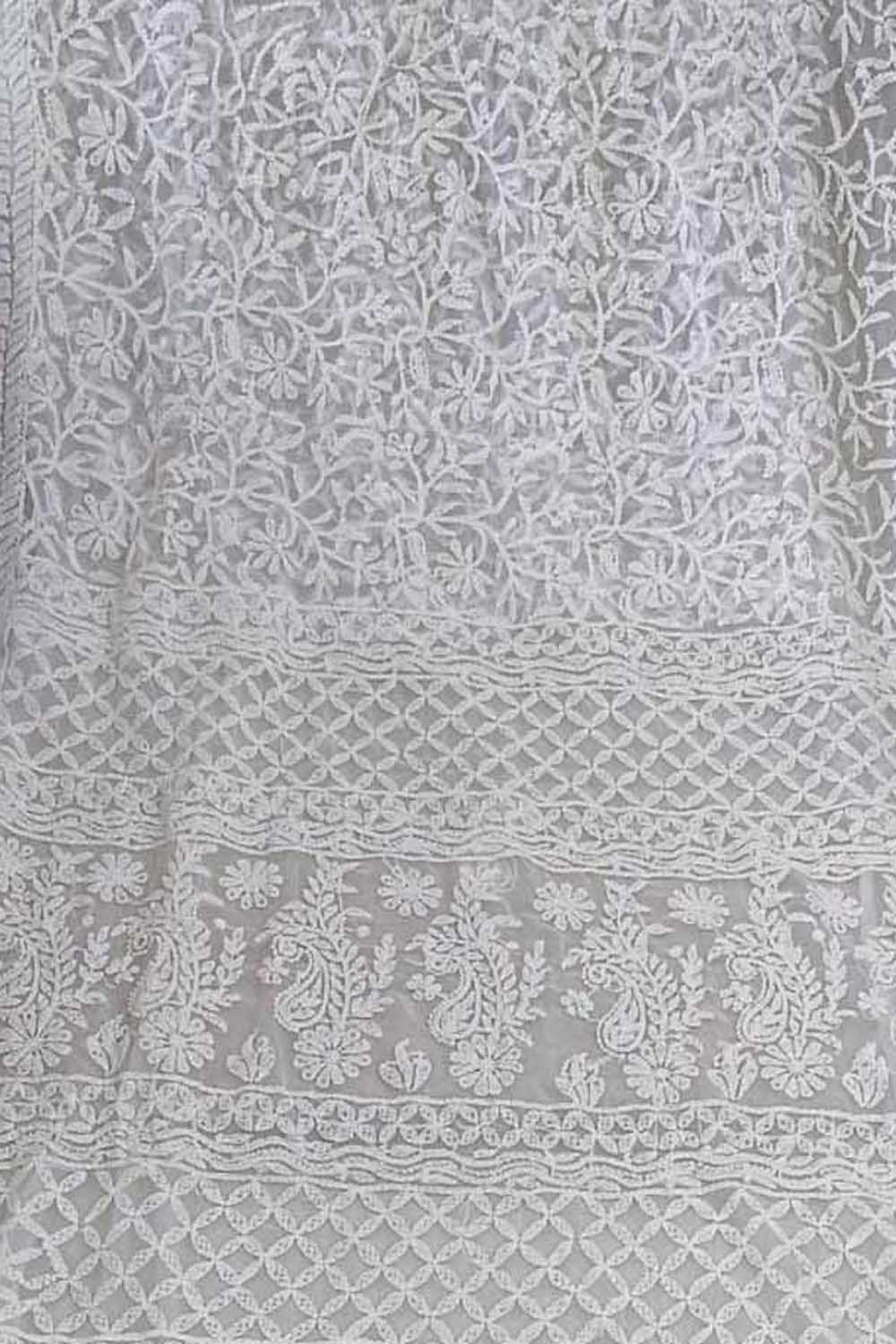 Shop Off White Chikankari Saree Online - Hand Embroidered Georgette - Luxurion World