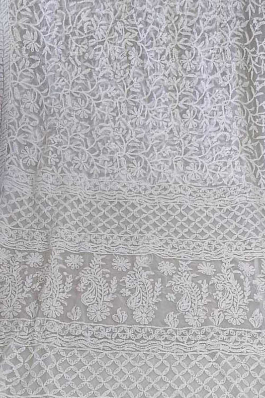 Shop Off White Chikankari Saree Online - Hand Embroidered Georgette