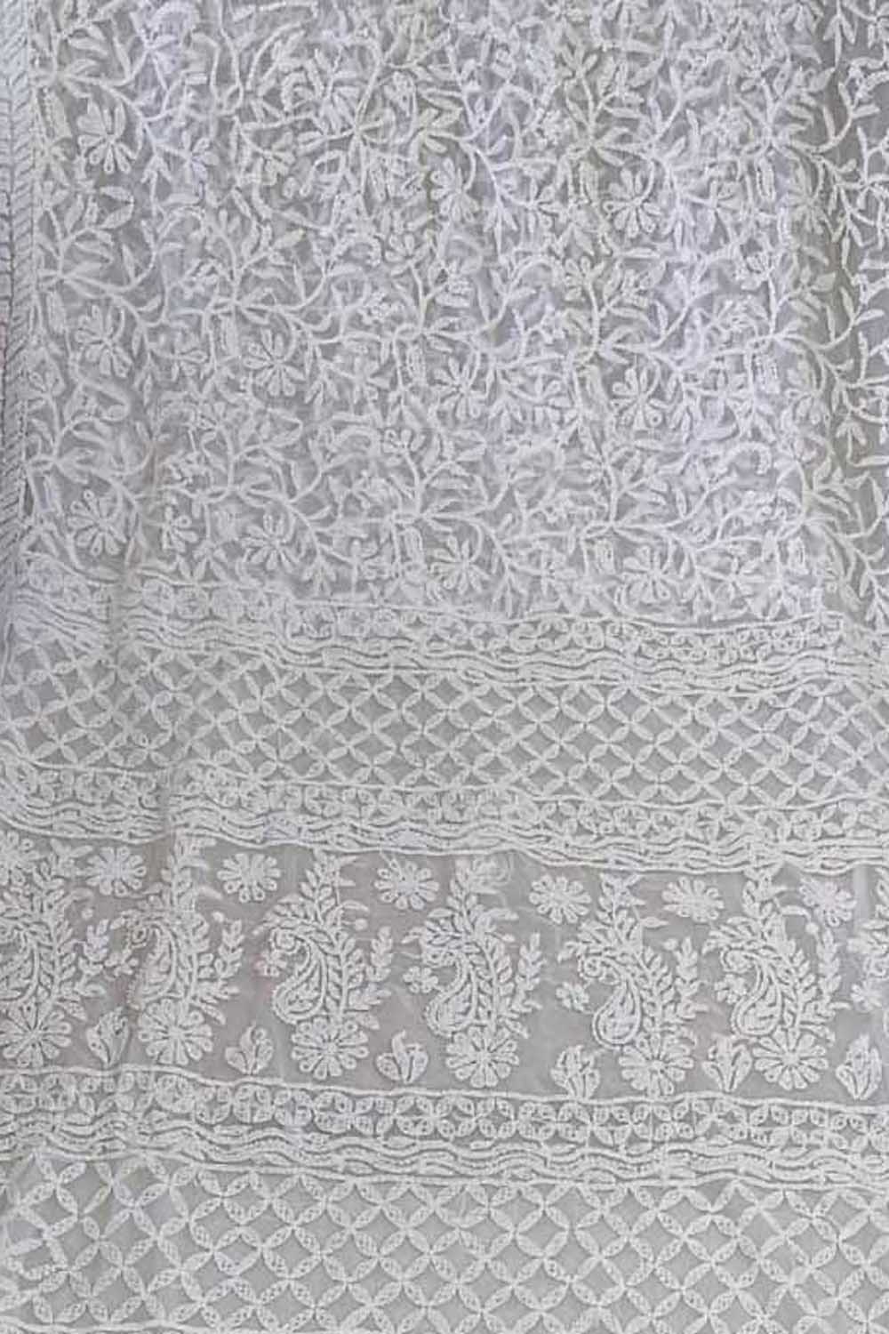 Shop Off White Chikankari Saree Online - Hand Embroidered Georgette - Luxurion World