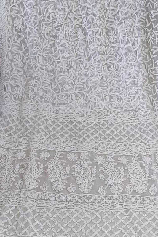 Shop Off White Chikankari Saree Online - Hand Embroidered Georgette - Luxurion World