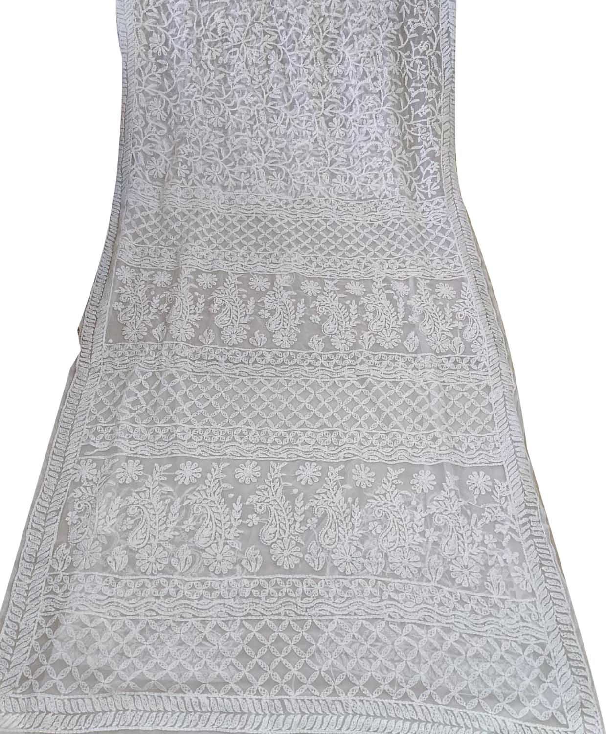 Shop Off White Chikankari Saree Online - Hand Embroidered Georgette - Luxurion World
