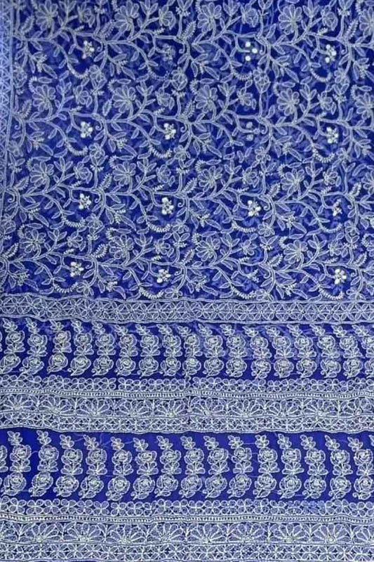 Get the Latest Blue Chikankari Saree Online - Hand Embroidered Georgette
