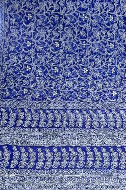 Get the Latest Blue Chikankari Saree Online - Hand Embroidered Georgette - Luxurion World