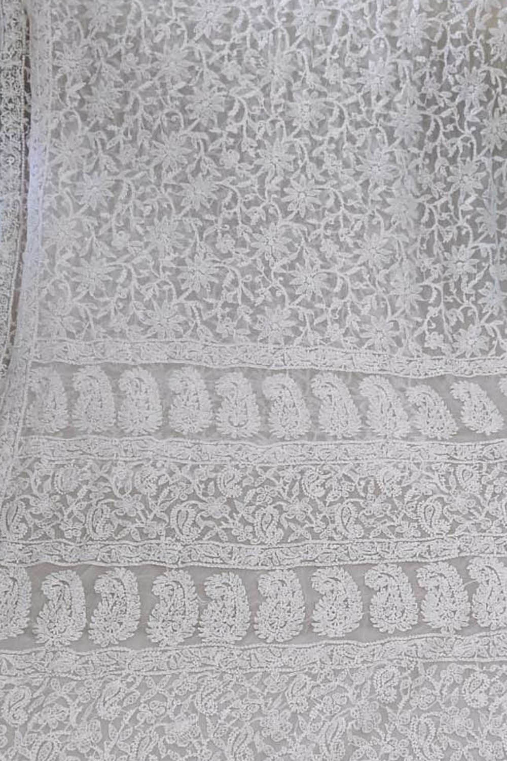 Get the Latest Off White Chikankari Saree - Hand Embroidered Georgette - Luxurion World