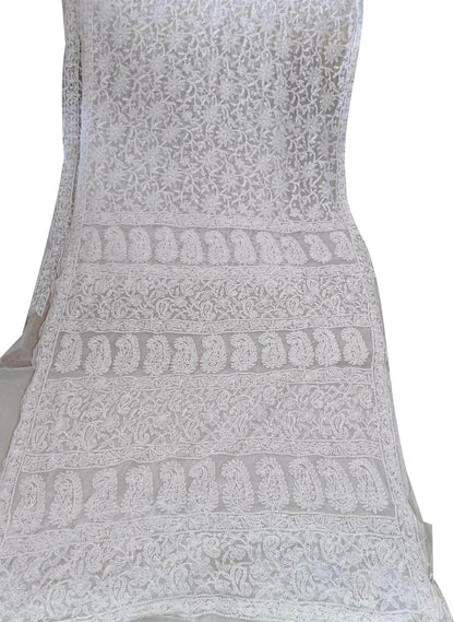 Shop Off White Chikankari Saree Online - Hand Embroidered Georgette - Luxurion World