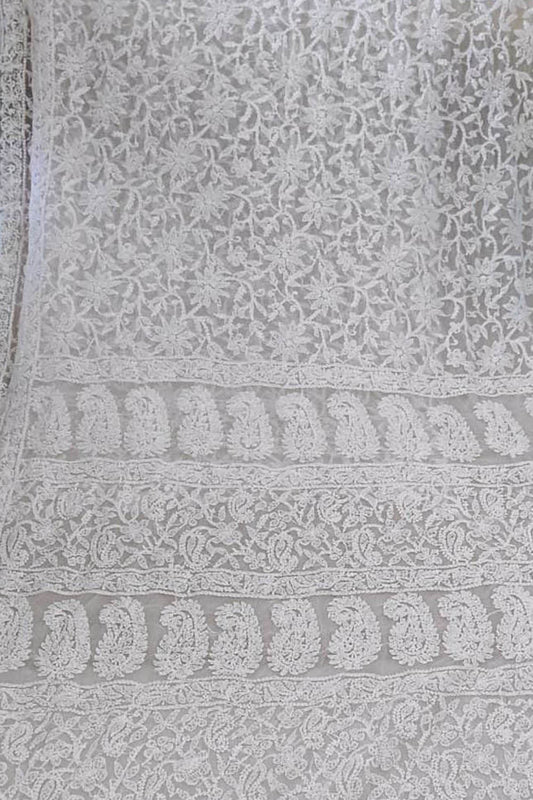 Shop Off White Chikankari Saree Online - Hand Embroidered Georgette - Luxurion World