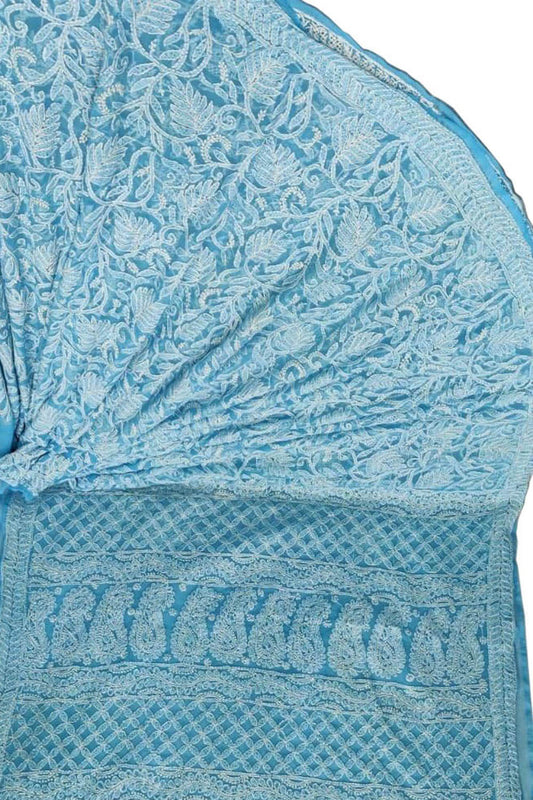 Blue Hand Embroidered Chikankari Chiffon Georgette Saree - Luxurion World