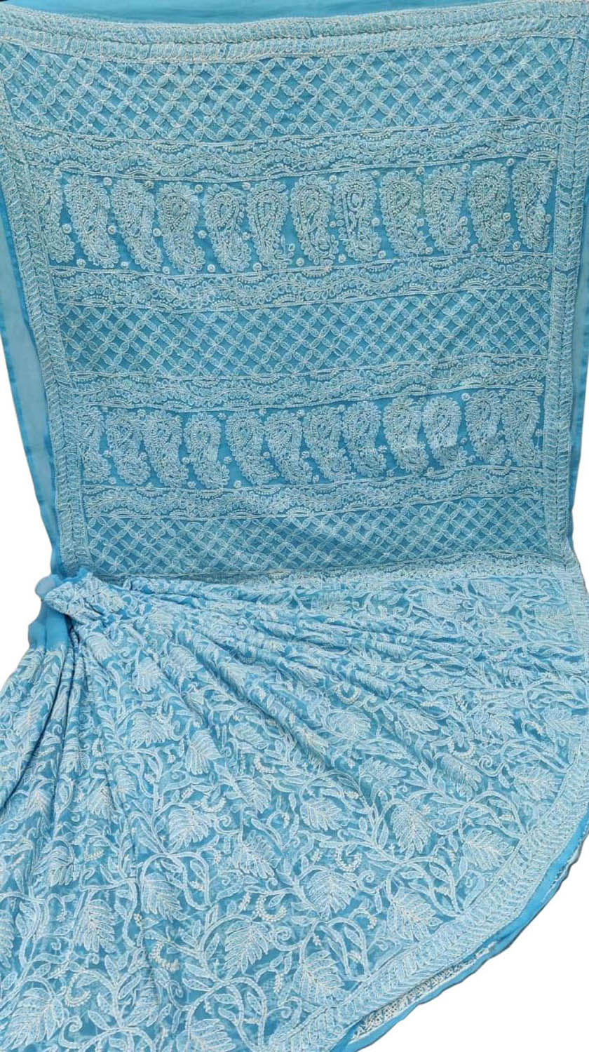 Blue Hand Embroidered Chikankari Chiffon Georgette Saree - Luxurion World