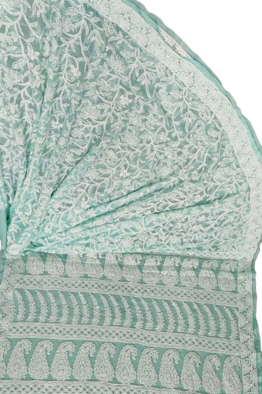 Blue Hand Embroidered Chikankari Chiffon Georgette Saree - Luxurion World