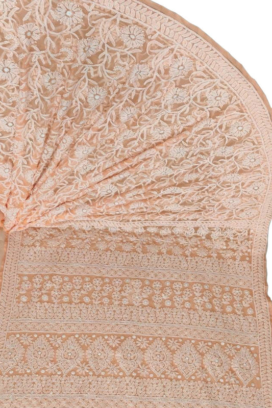Orange Hand Embroidered Chikankari Chiffon Georgette Saree - Luxurion World