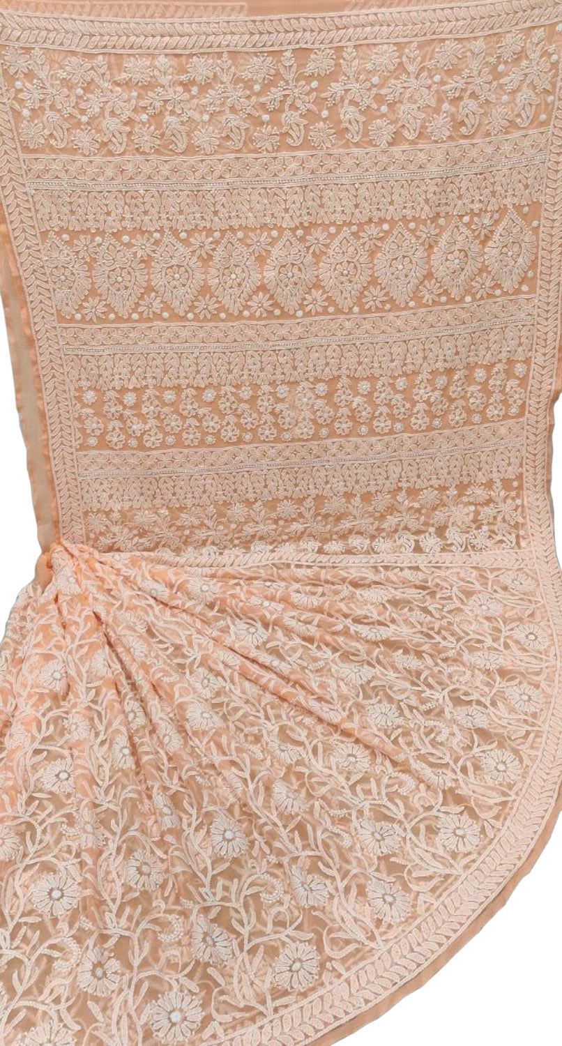 Orange Hand Embroidered Chikankari Chiffon Georgette Saree - Luxurion World