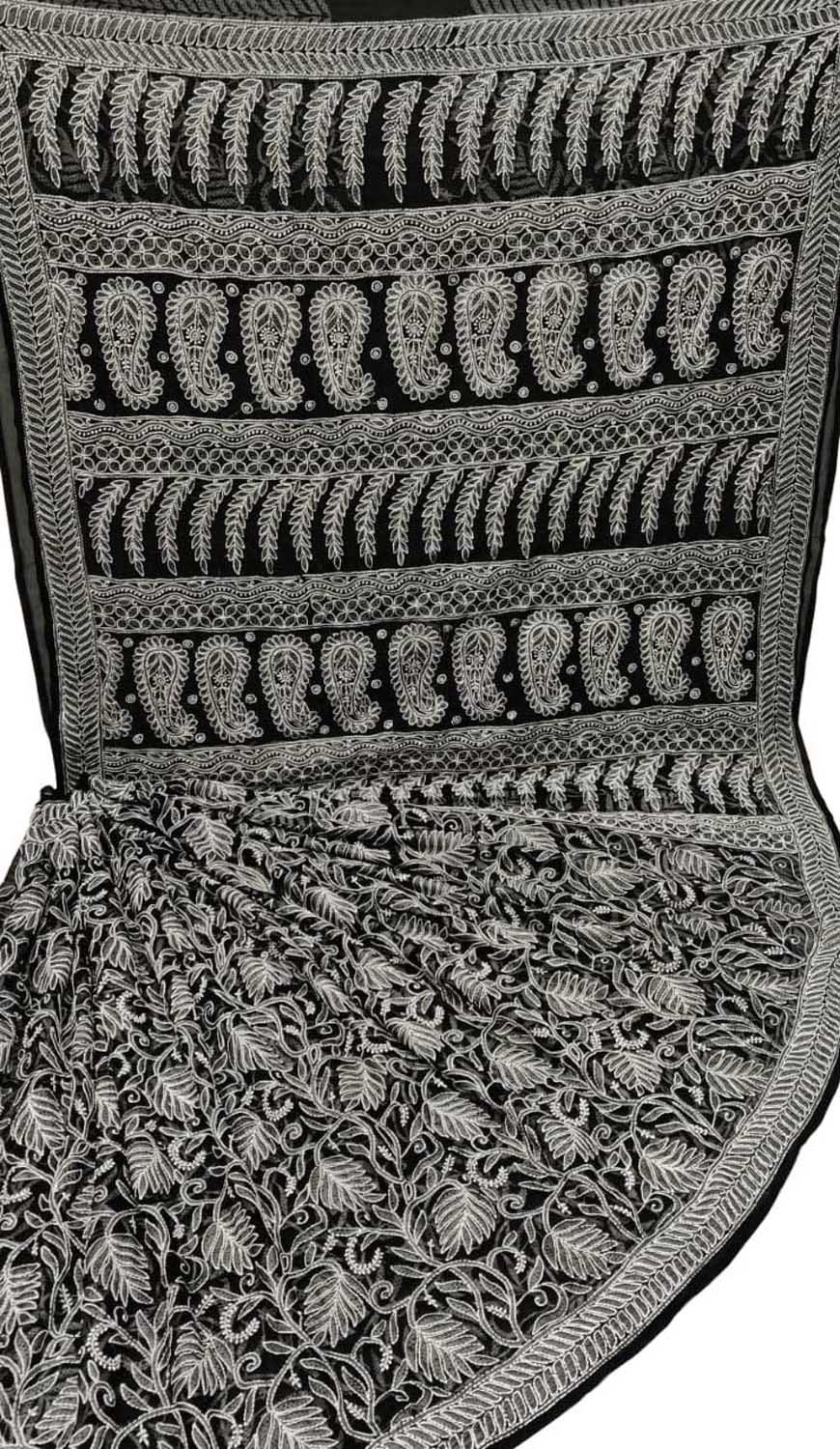 Black Hand Embroidered Chikankari Chiffon Georgette Saree - Luxurion World