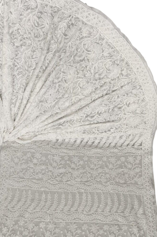 Off White Hand Embroidered Chikankari Chiffon Georgette Saree - Luxurion World
