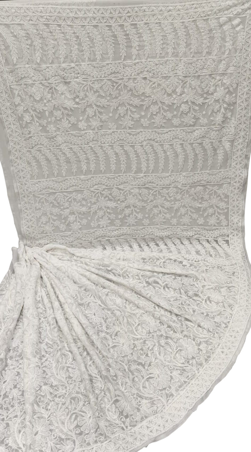 Off White Hand Embroidered Chikankari Chiffon Georgette Saree - Luxurion World
