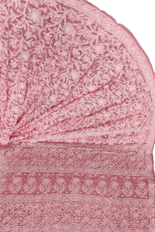 Pink Hand Embroidered Chikankari Chiffon Georgette Saree - Luxurion World