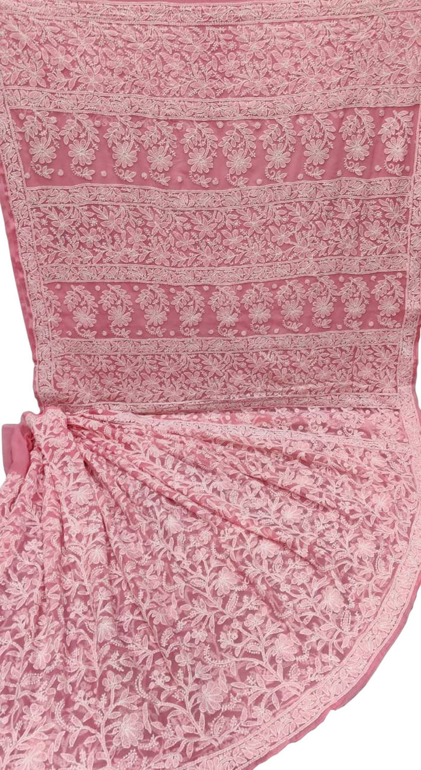 Pink Hand Embroidered Chikankari Chiffon Georgette Saree - Luxurion World