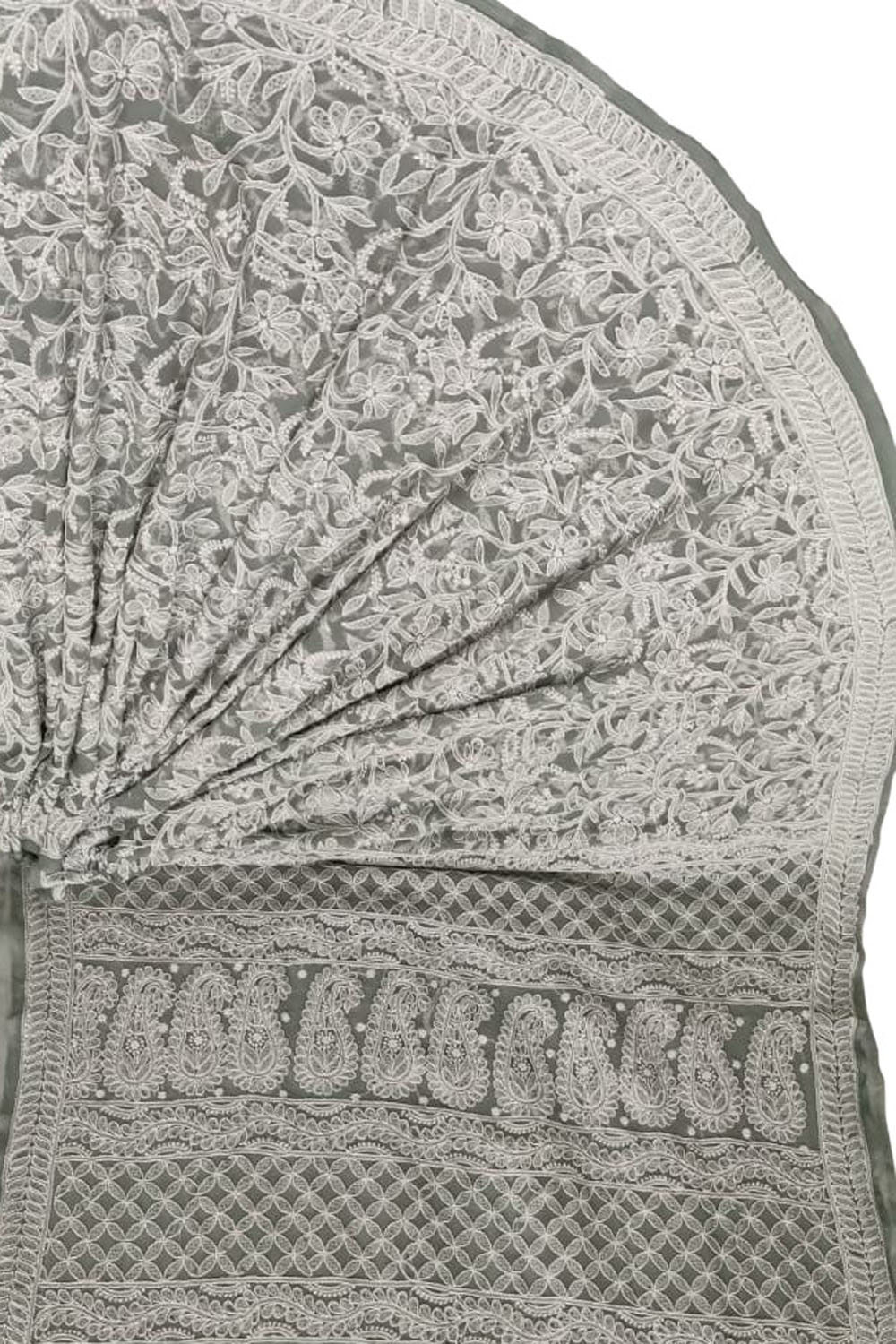 Grey Hand Embroidered Chikankari Chiffon Georgette Saree - Luxurion World