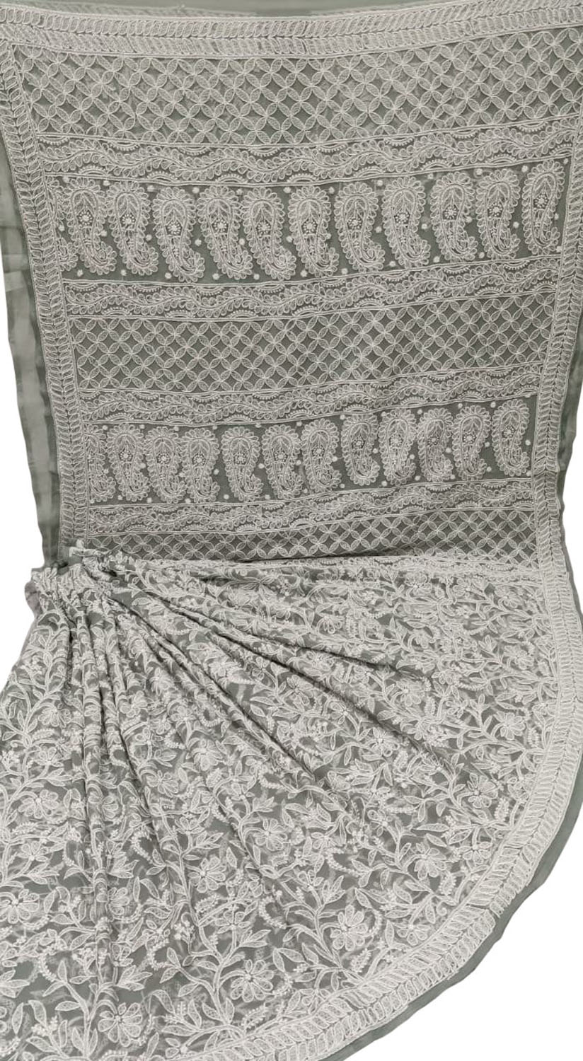 Grey Hand Embroidered Chikankari Chiffon Georgette Saree