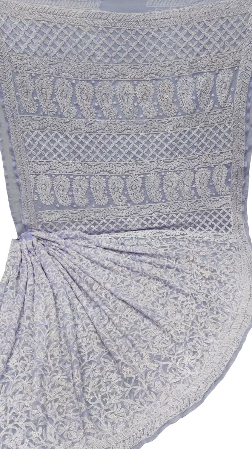 Purple Hand Embroidered Chikankari Chiffon Georgette Saree - Luxurion World