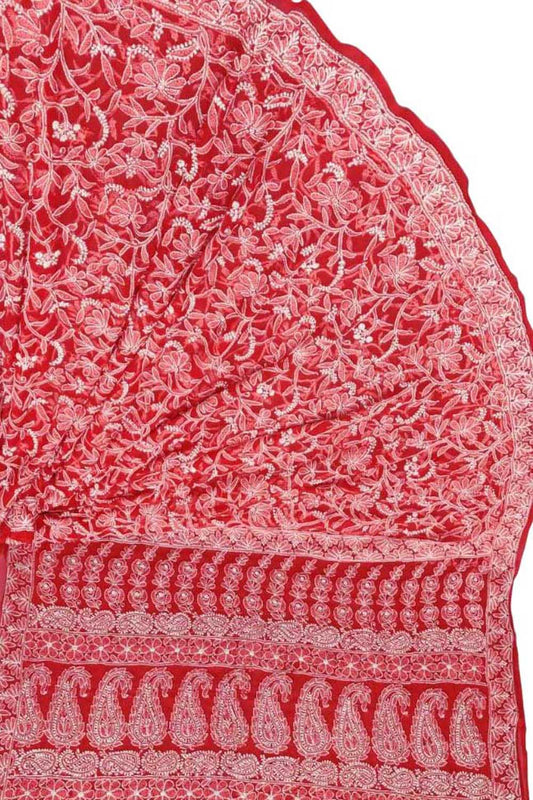 Red Hand Embroidered Chikankari Chiffon Georgette Saree - Luxurion World