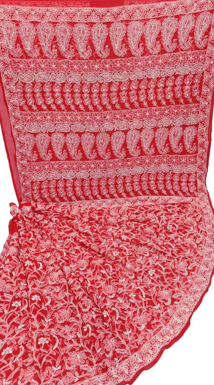Red Hand Embroidered Chikankari Chiffon Georgette Saree