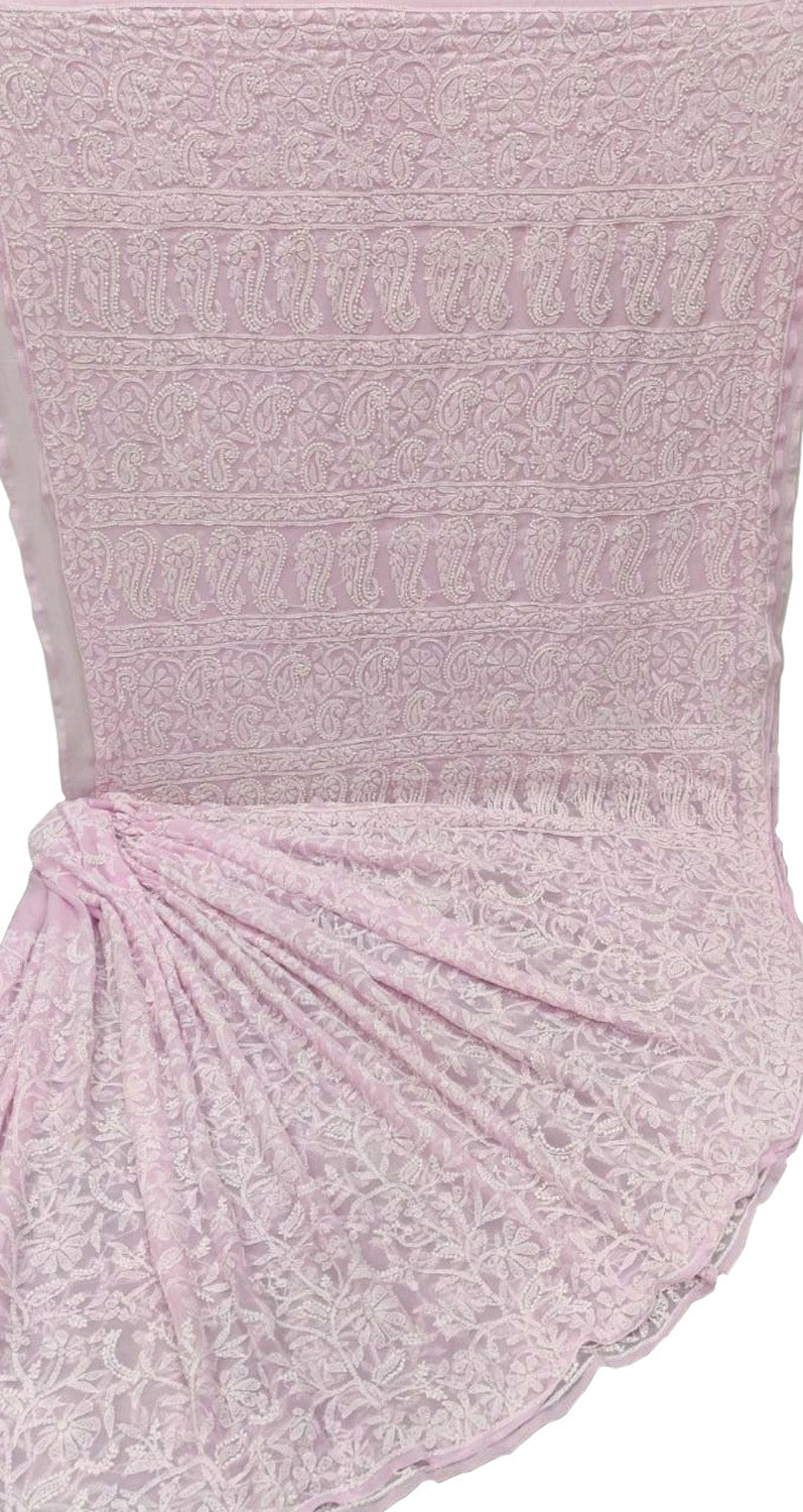 Pink Hand Embroidered Chikankari Chiffon Georgette Saree - Luxurion World