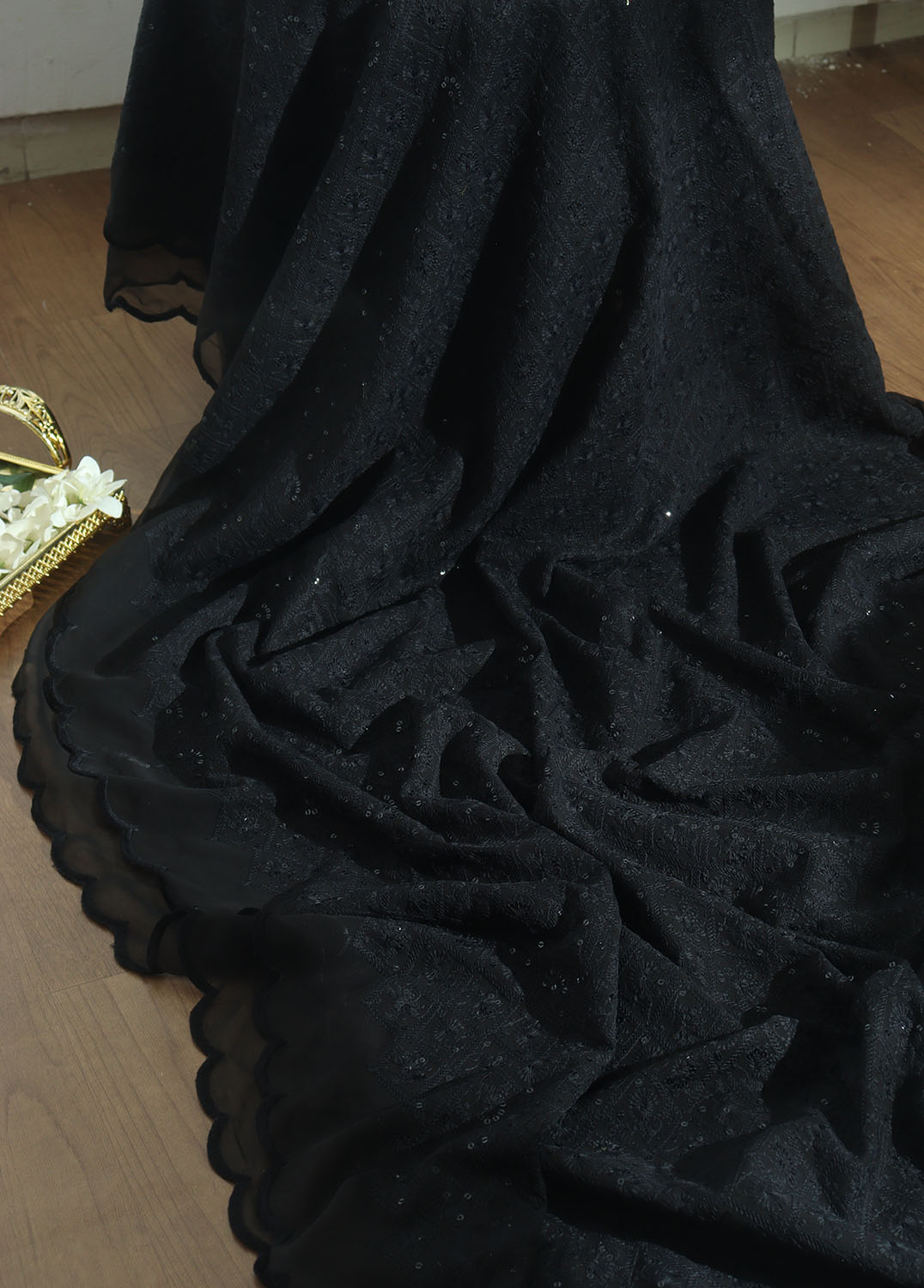 Black Embroidered Chikankari Georgette Sequins Work Saree - Luxurion World