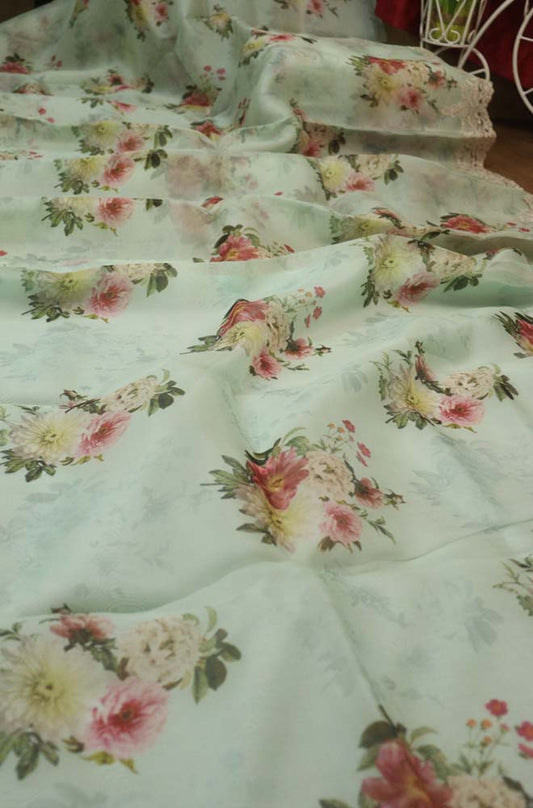 Green Digital Printed Pure Organza Silk Saree With Designer Lace - Luxurion World