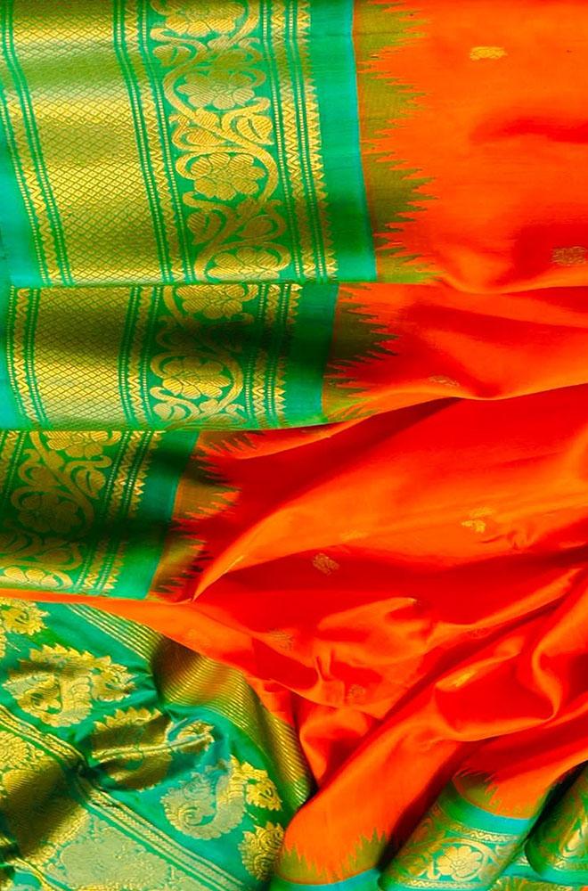 Orange Handloom Gadwal Pure Silk Saree - Luxurion World