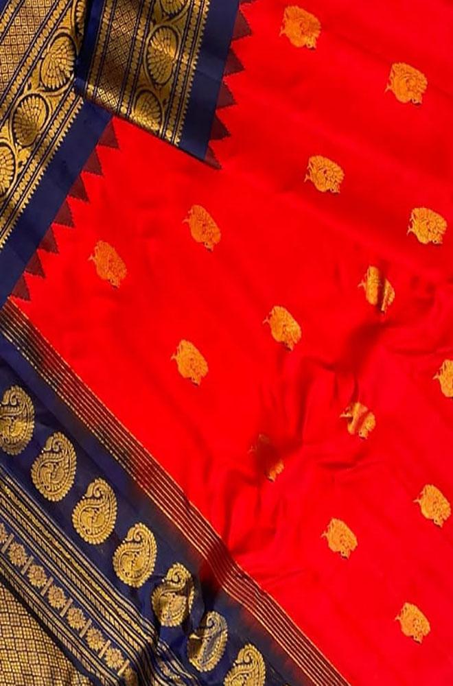 Red Handloom Gadwal Pure Silk Saree - Luxurion World