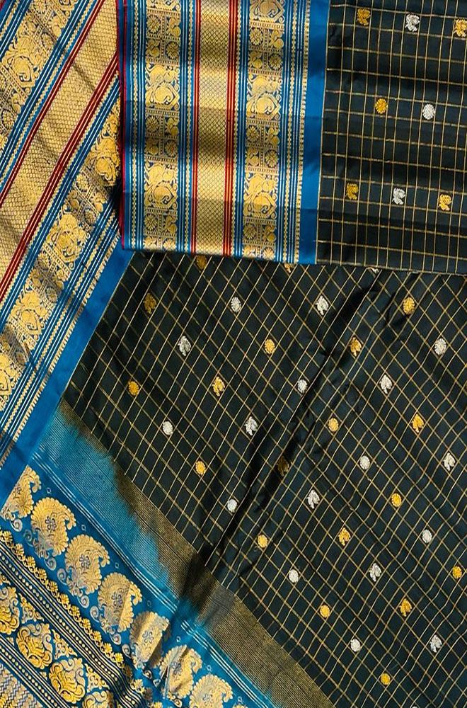 Black Handloom Gadwal Pure Silk Saree - Luxurion World