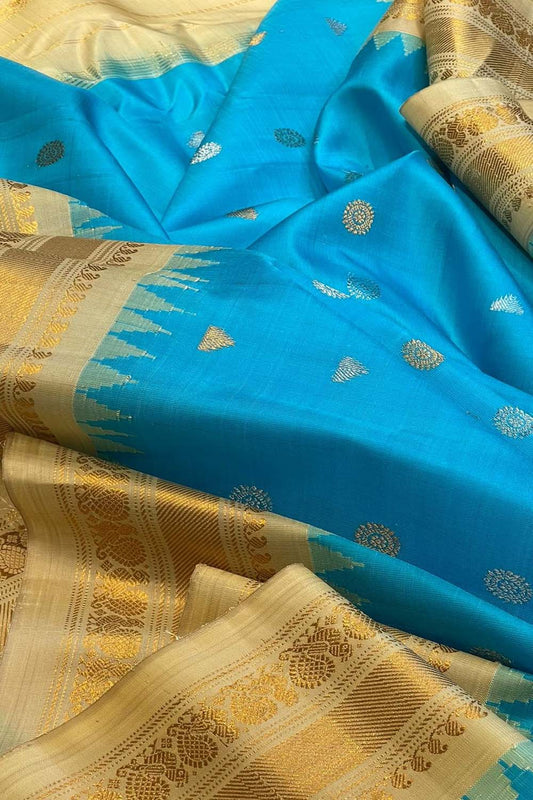 Blue Gadwal Handloom Pure Silk Saree - Luxurion World