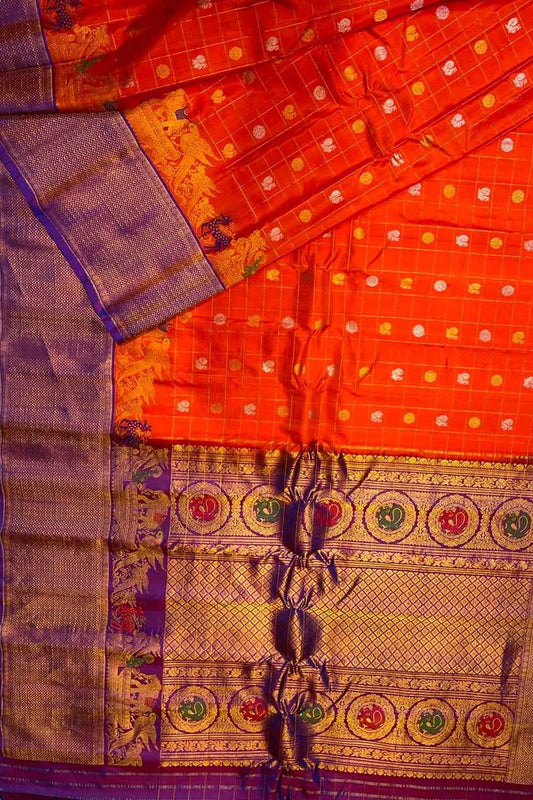 Orange Gadwal Handloom Pure Silk Saree - Luxurion World