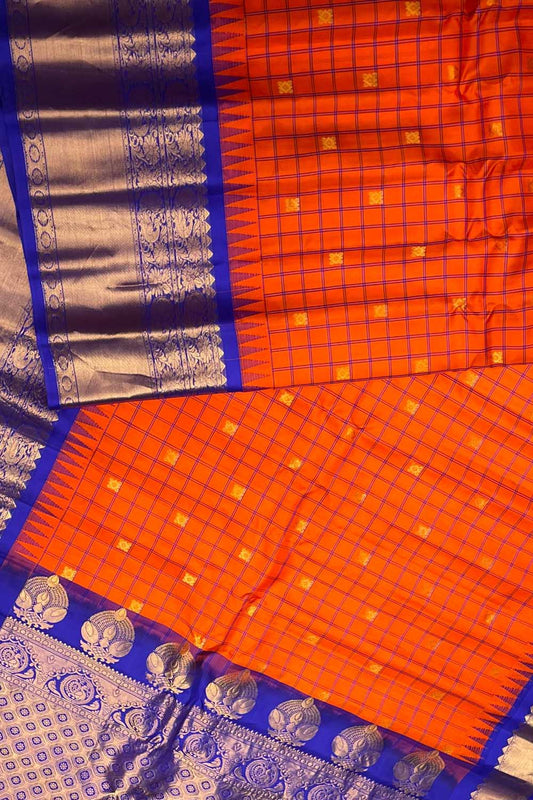 Orange Gadwal Handloom Pure Silk Saree - Luxurion World