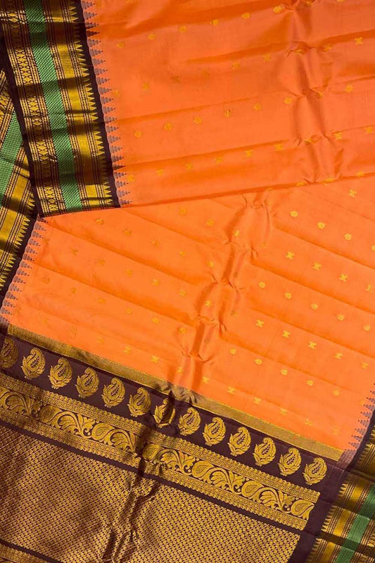 Orange Gadwal Handloom Pure Silk Saree - Luxurion World