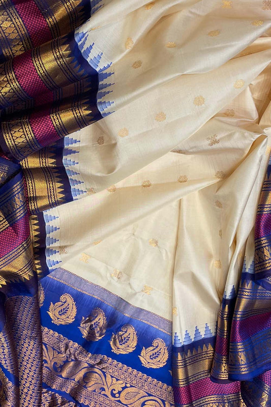 Off White Gadwal Handloom Pure Silk Saree - Luxurion World