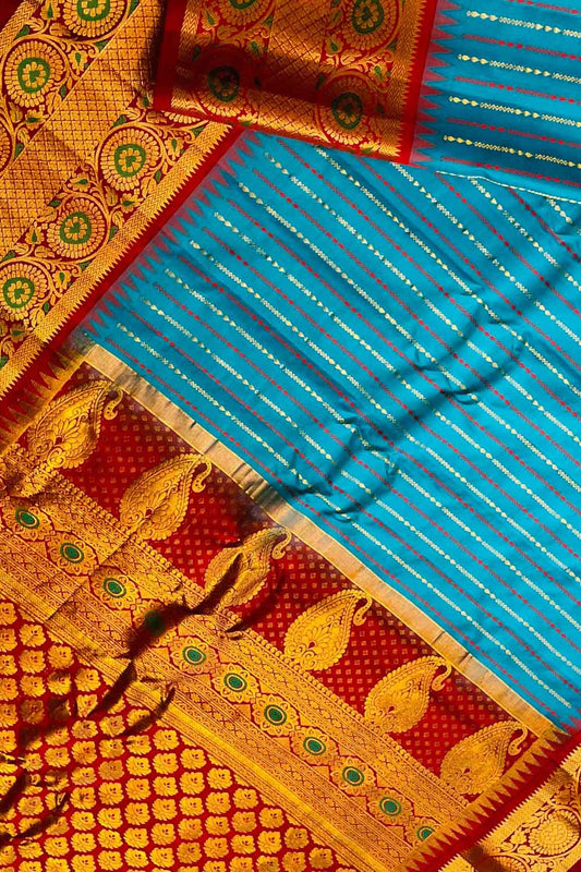Blue Gadwal Handloom Pure Silk Saree - Luxurion World