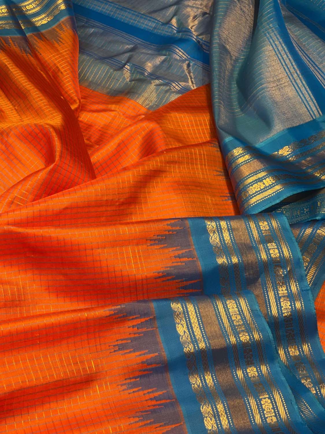 Orange Gadwal Handloom Pure Silk Saree - Luxurion World